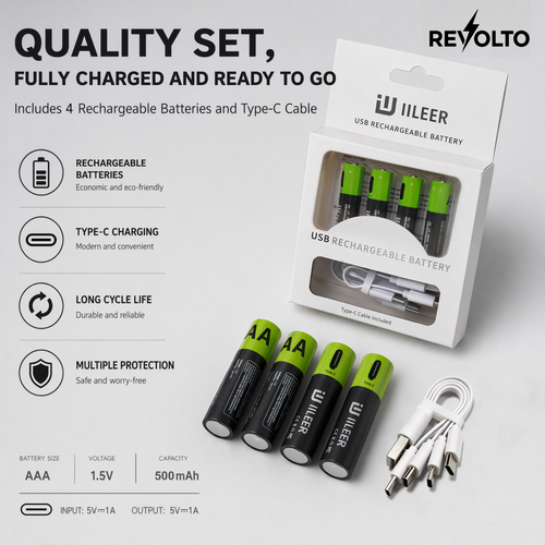 Revolto AAA Rechargeable Batteries – 4 Pack (USB-C)