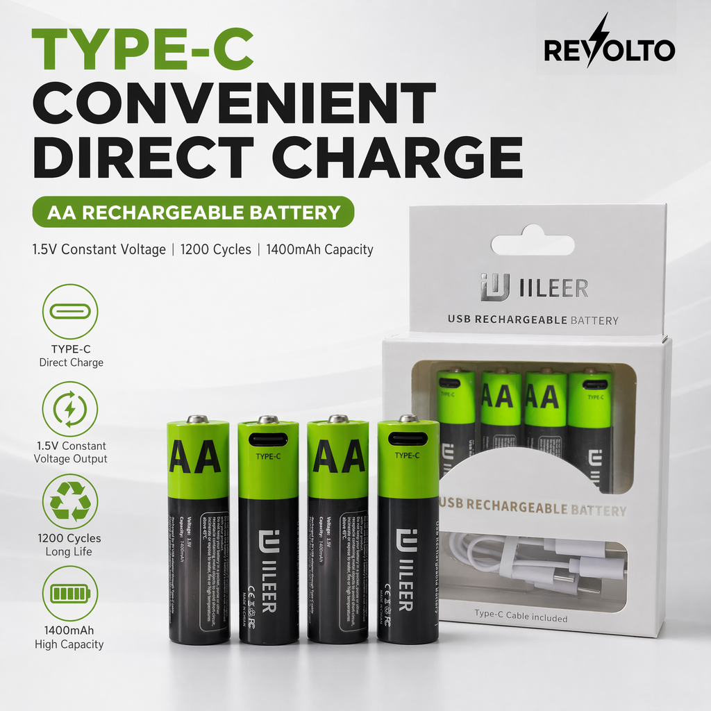 Revolto AA Rechargeable Batteries – 4 Pack (USB-C)