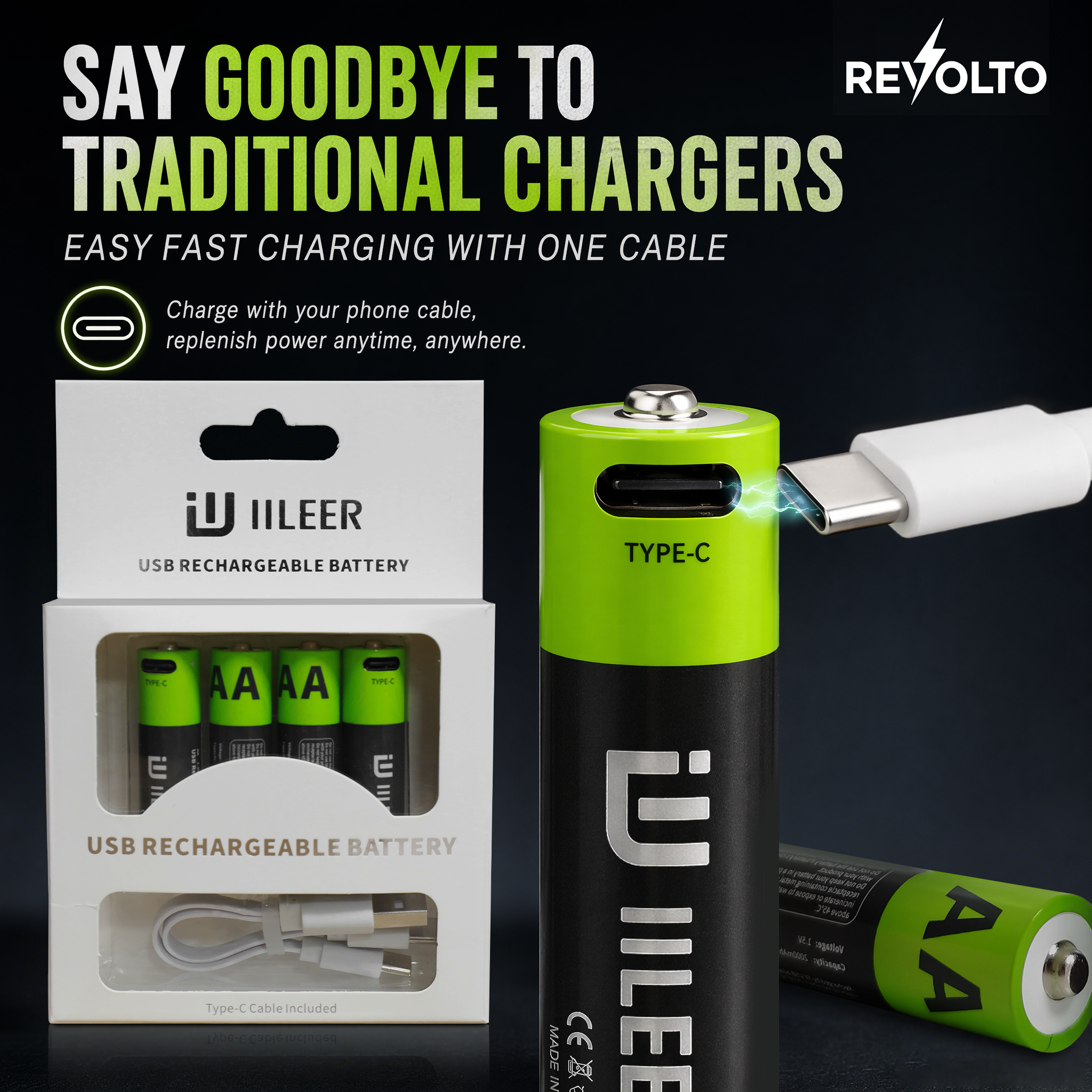 Revolto AA Rechargeable Batteries – 4 Pack (USB-C)