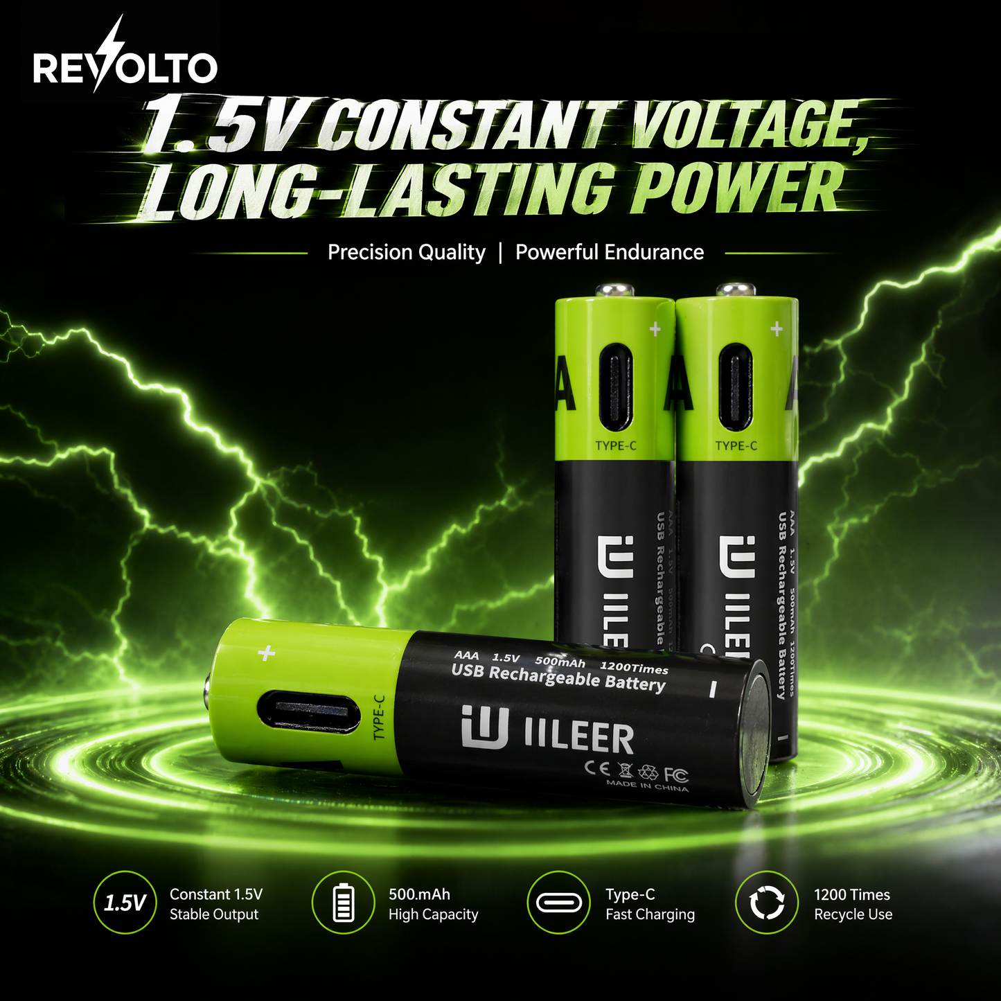 Revolto AAA Rechargeable Batteries – 4 Pack (USB-C)