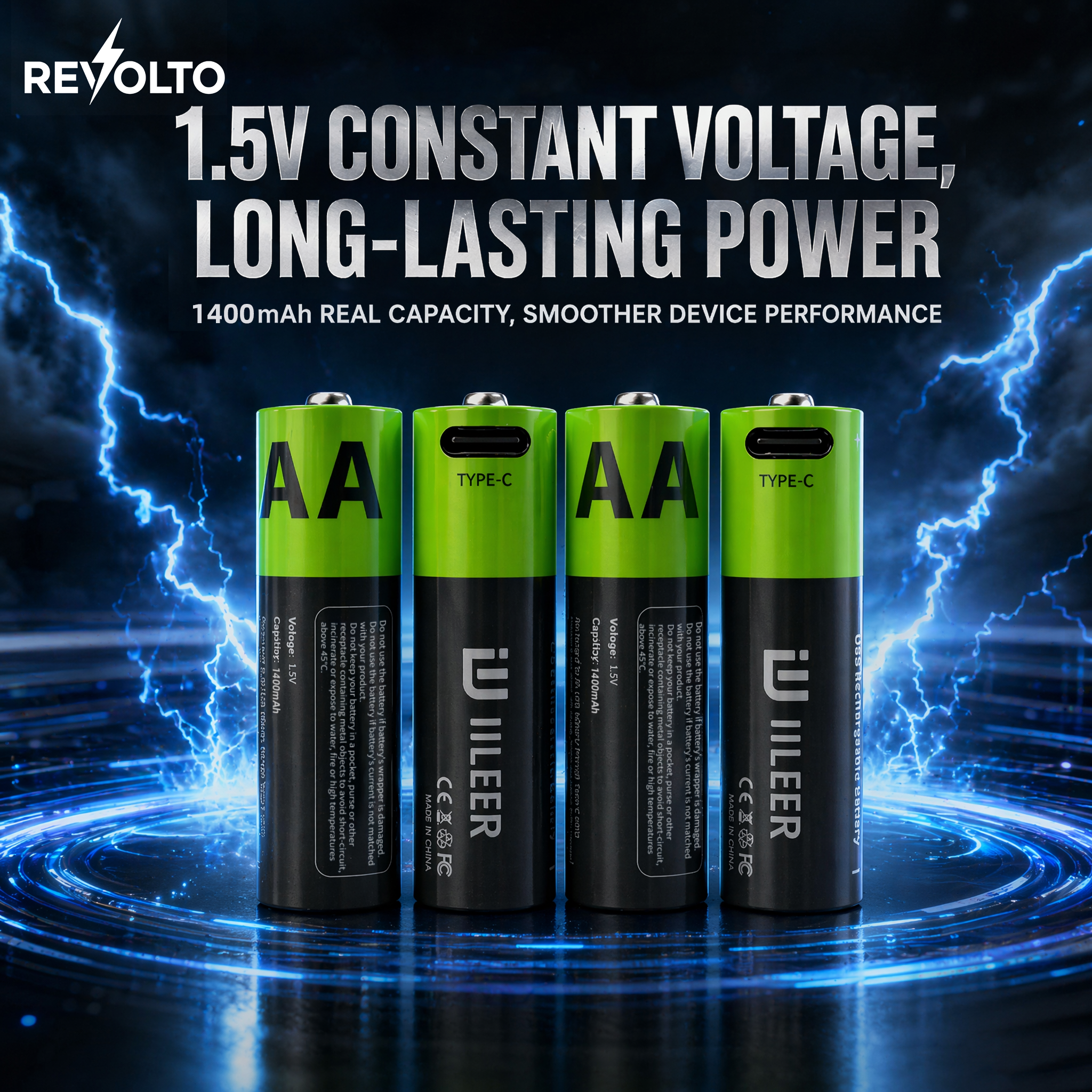 Revolto AA Rechargeable Batteries – 4 Pack (USB-C)