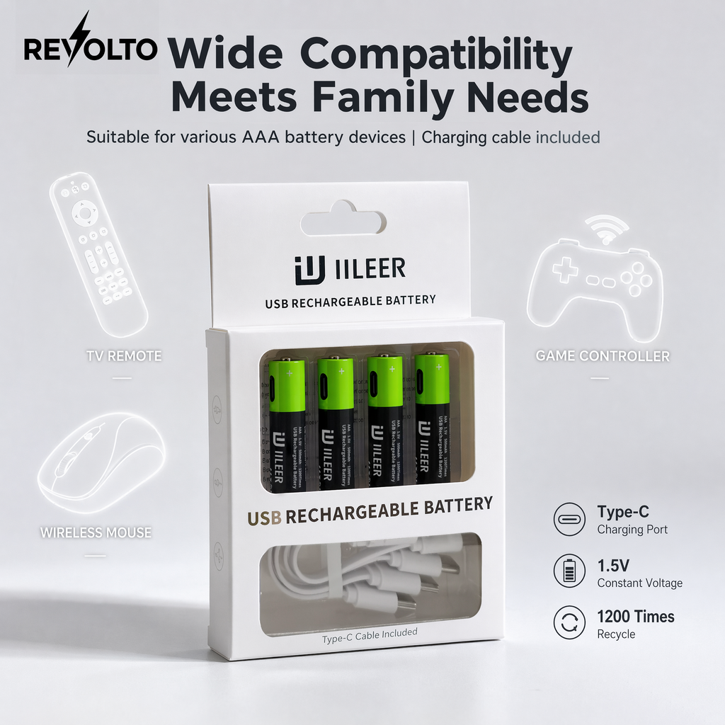 Revolto AAA Rechargeable Batteries – 4 Pack (USB-C)