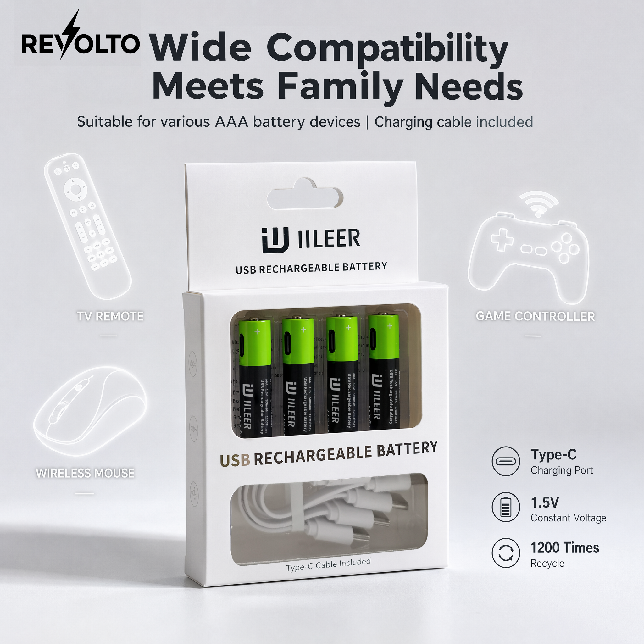 Revolto AAA Rechargeable Batteries – 4 Pack (USB-C)