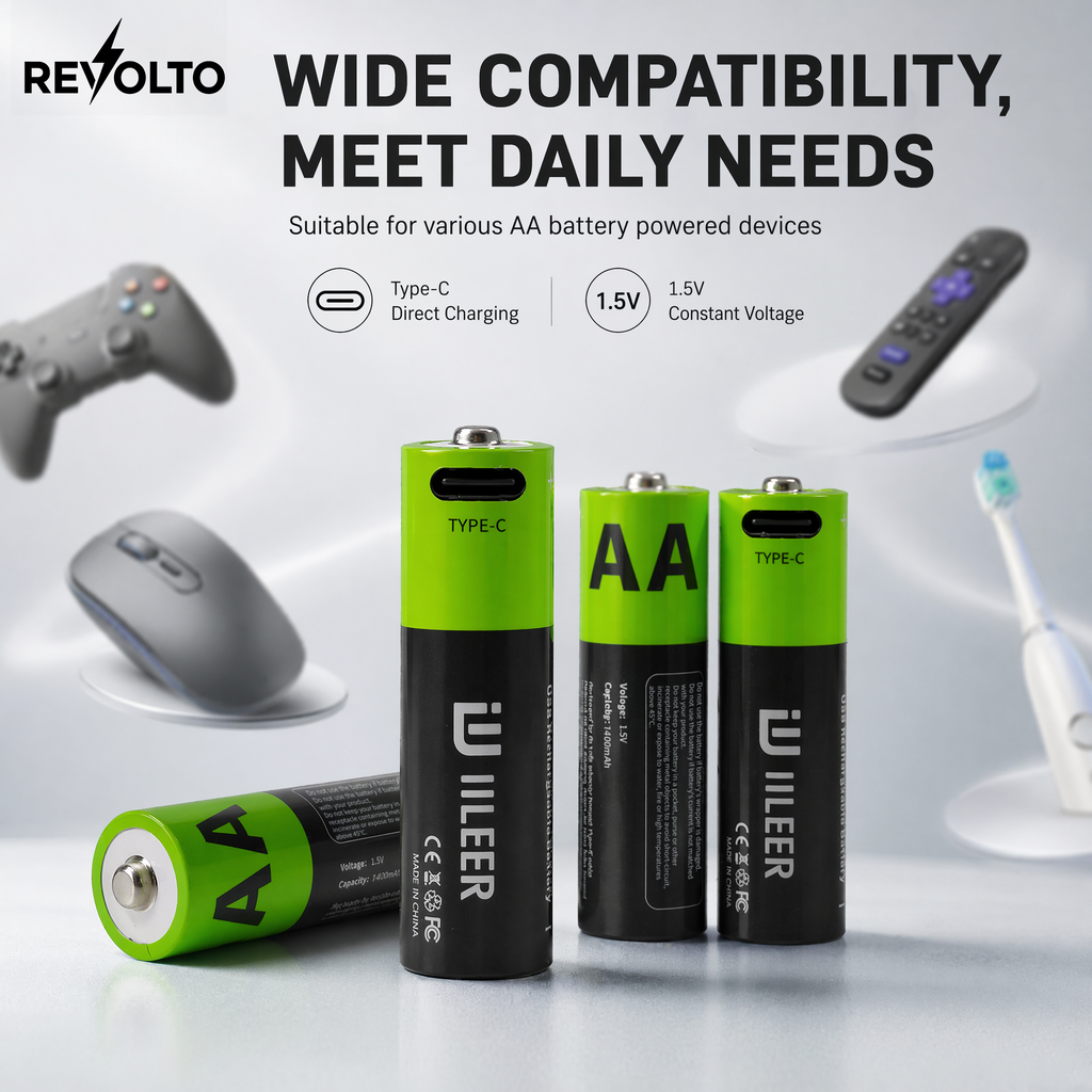 Revolto AA Rechargeable Batteries – 4 Pack (USB-C)