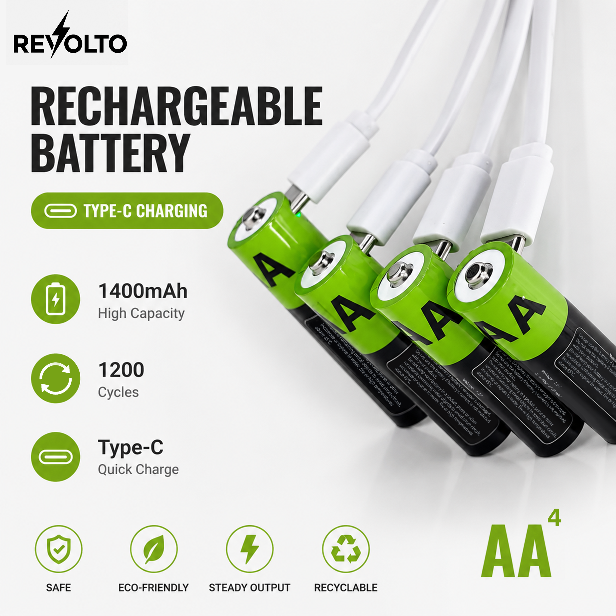 Revolto AA Rechargeable Batteries – 4 Pack (USB-C)